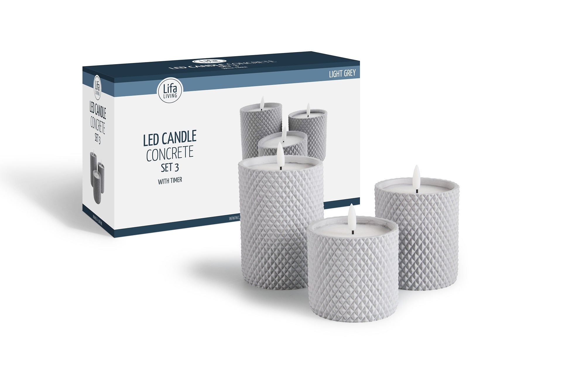 LED kaars set/3 - met cement incl. timer kabel lichtgrijs