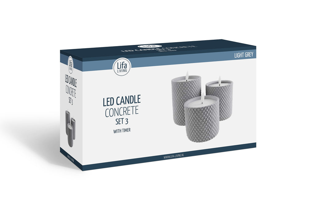 LED kaars set/3 - met cement incl. timer kabel lichtgrijs