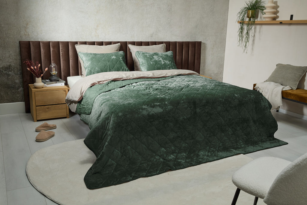 Luxe bedsprei velvet incl.1 kussensloop - Mosgroen - 140 x 200 cm