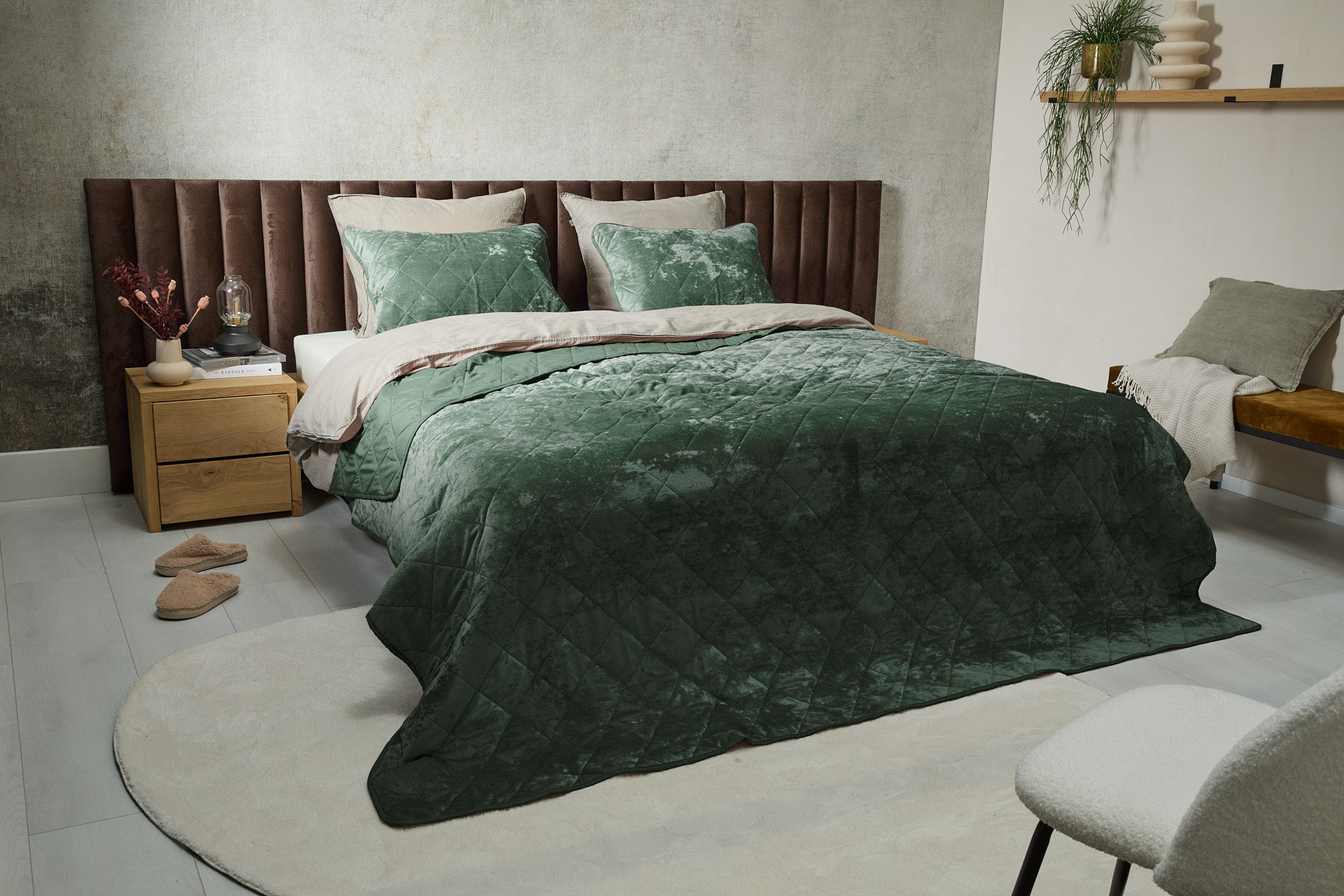 Luxe bedsprei velvet incl.1 kussensloop - Mosgroen - 140 x 200 cm