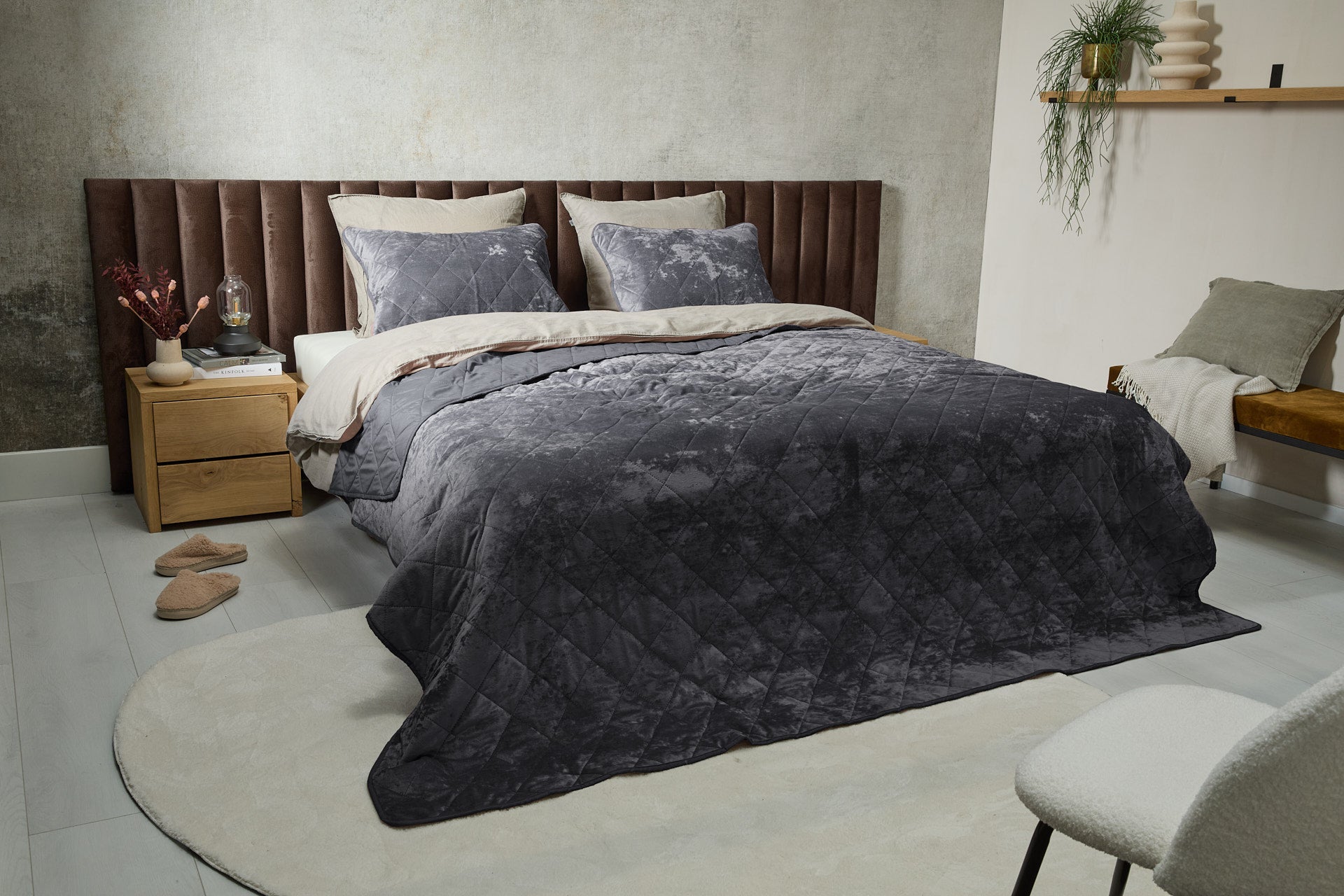 Luxe bedsprei velvet incl. 1 kussensloop - Grijs - 140 x 200 cm